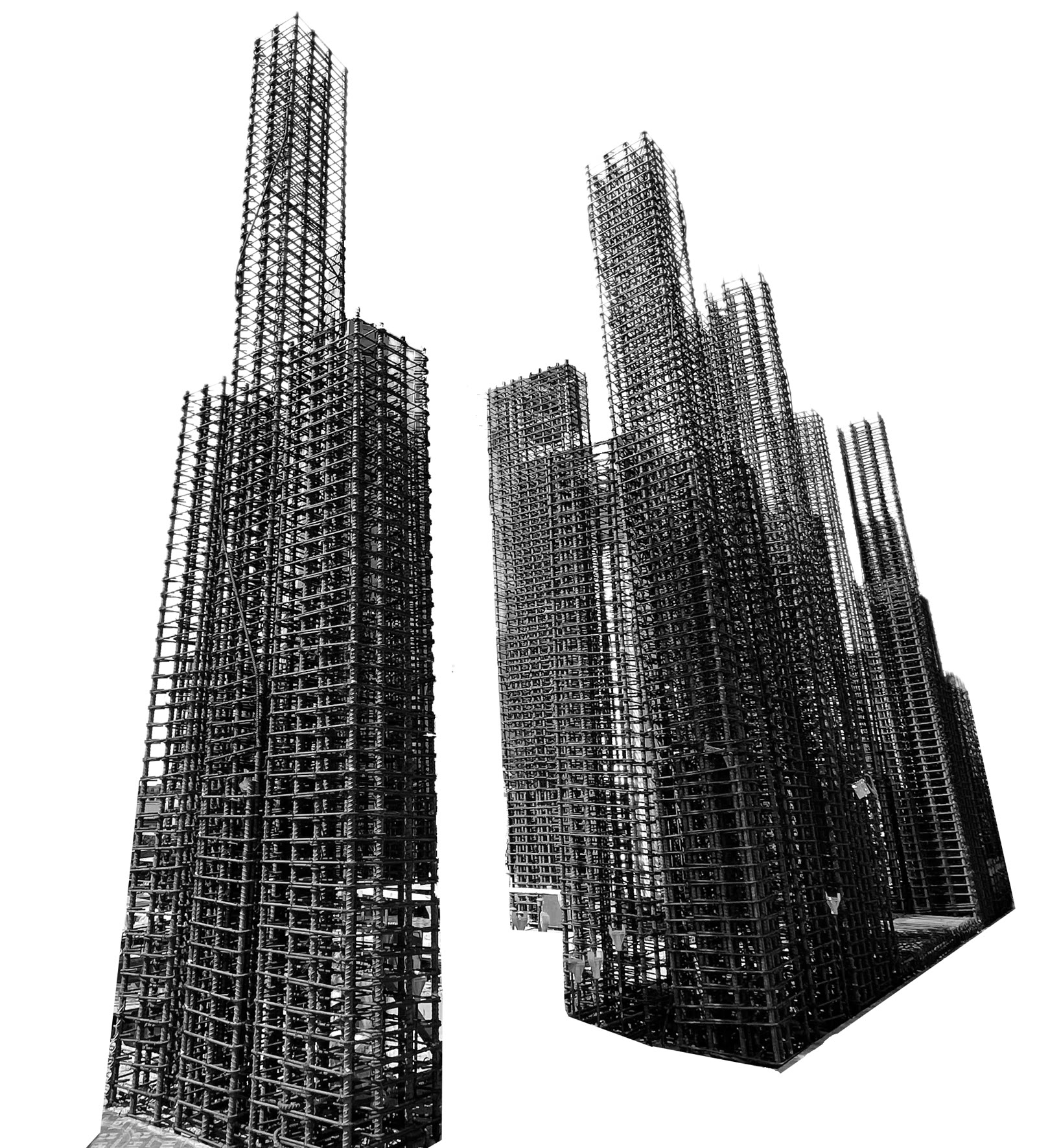Black and white illustration of rebar high-rise towers